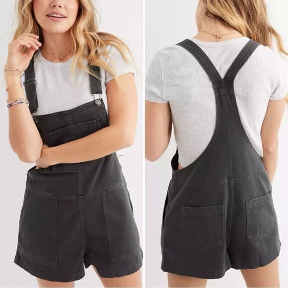 Aerie Werk and Play Charcoal Gray Denim Short Overalls - Picture 1 of 12